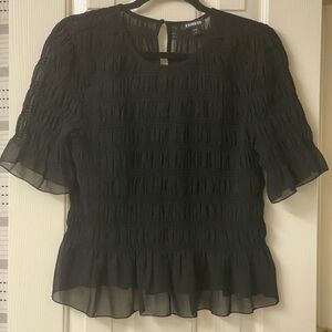 Express Black Sheer Ruched Textured Short Sleeve Blouse with Ruffle Hem Size M
